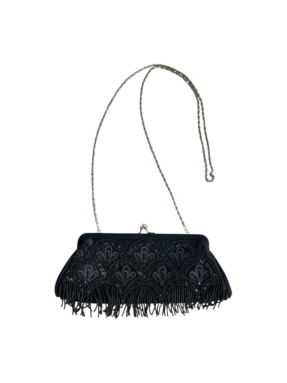 Black Beaded Fringe Evening Bag with Chain Strap